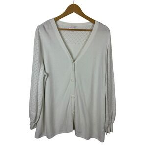 Belle‎ Kim Gravel Womens Cardigan Size XL White Open Knit Button Front Coastal